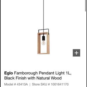 NEW IN BOX Eglo Famborough Pendant Light 1L, Black Finish with Natural Wood
